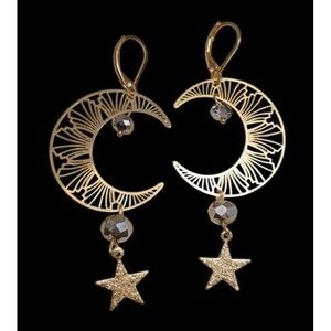 Crescent Moon Crystal Dangle Earrings Gold tone Filigree